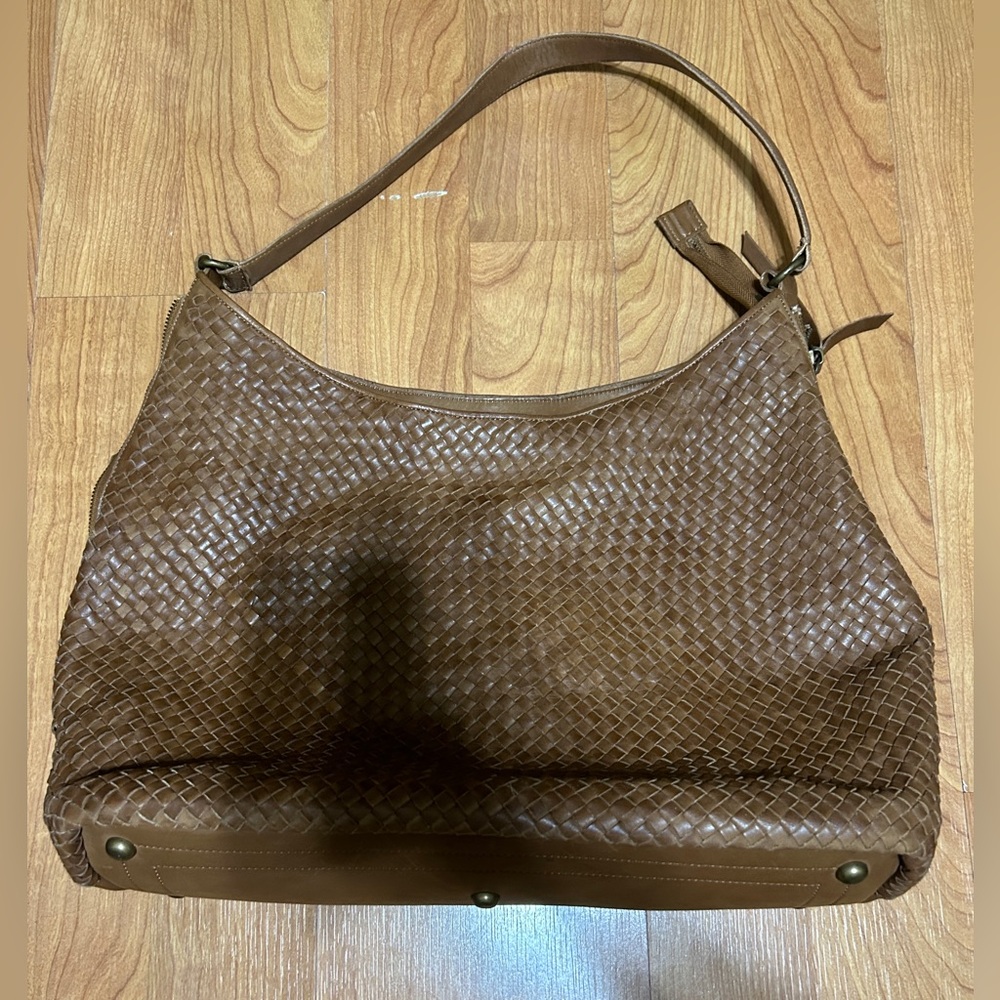 Platania Woven Tan Leather Large Shoulder Bag Made In Italy Zipper Closure